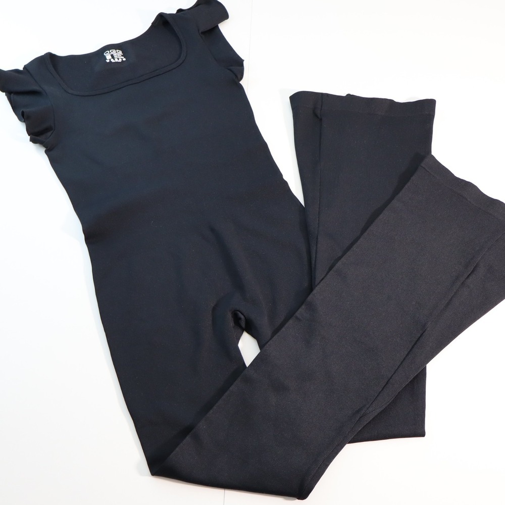 NWOT OQQ Athletic Bodysuit Women M Black Ribbed Bodycon Stretch Yoga Flare Sport